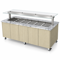 Culinaire CH.IBGJ.BMC.U.GSF.6 six-bay heated island buffet with stone top, joinery panels and flat glass gantry