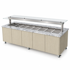 Culinaire CH.IBGJ.BMC.U.GSF.8 eight-bay heated island buffet with stone top, joinery panels and flat glass gantry