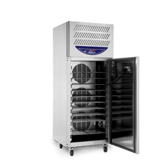 Commercial refrigerator with open door on a white background