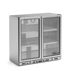Stainless steel refrigerator with glass doors on a white background
