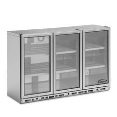 Three-door commercial refrigerator with glass doors on a white background