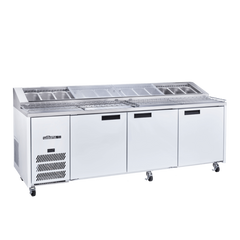 Commercial refrigeration unit with open doors on a white background