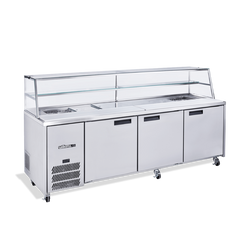 Commercial refrigeration unit with glass top on a black background