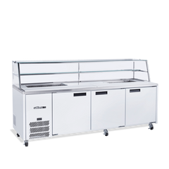 White refrigerated display case with glass top on a white background