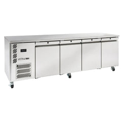 Stainless steel refrigerator with four doors on a white background