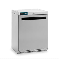 Stainless steel undercounter freezer on a white background
