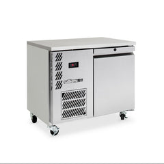 Stainless steel refrigerator on wheels with brand logo on a white background