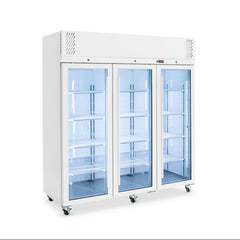 Triple-door refrigerator with glass panels on a white background
