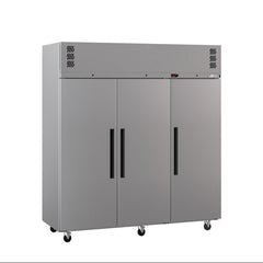 Gray industrial freezer with two doors on a white background