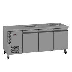 Gray refrigerated counter with three doors on a white background