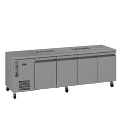 Stainless steel refrigerated counter on a white background