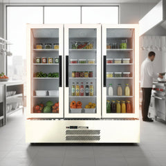 Commercial refrigerator with glass door on a white background