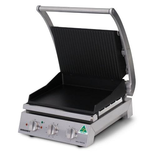 Roband GSA610RT ribbed non-stick Grill Station open at 90 degrees