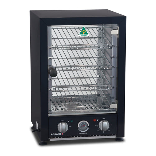 Roband PMB25L black 25-pie warmer with angled racks and internal light