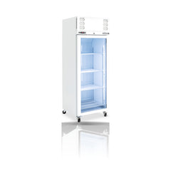 Williams Pearl One Door White Colorbond Upright Display Refrigerator on a crisp white background with mirrored reflection