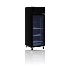Williams Pearl - One Door Black Upright Display Refrigerator on a crisp white background with mirrored reflection