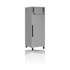 Williams Pearl - One Door Stainless Steel Upright Storage Refrigerator on a crisp white background with mirrored reflection