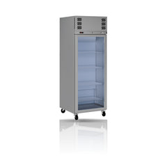 Williams Peal - One Door Stainless Steel Upright Display Freezer on a crisp white background with mirrored reflection