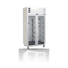 Williams Pearl - Slim 2 door White Upright Display Refrigerator on a crisp white background with mirrored reflection