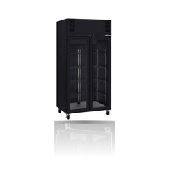 Williams Pearl - Slim 2 door Black Upright Display Refrigerator on a crisp white background with mirrored reflection