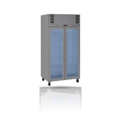 Williams Pearl - Slim 2 door Stainless Steel Upright Display Refrigerator on a crisp white background with mirrored reflection