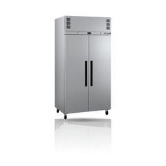 Williams Pearl - Slim 2 door Stainless Steel Upright Storage Refrigerator on a crisp white background with mirrored reflection