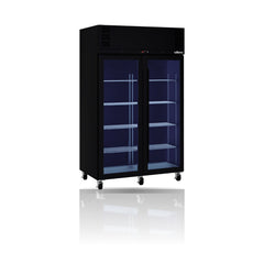 Williams Pearl - 2 door Black Upright Display Refrigerator on a crisp white background with mirrored reflection