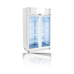 Williams Pearl - 2 door White Upright Display Freezer on a crisp white background with mirrored reflection