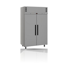 Williams Pearl - 2 door Stainless Steel Upright Storage Refrigerator on a crisp white background with mirrored reflection