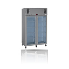Williams Pearl - 2 door Stainless Steel Upright Display Freezer on a crisp white background with mirrored reflection