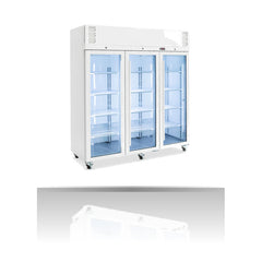 Williams Pearl - 3 door White Upright Display Refrigerator on a crisp white background with mirrored reflection