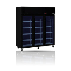 Williams Pearl - 3 door Black Upright Display Refrigerator on a crisp white background with mirrored reflection