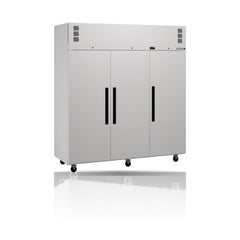 Williams Pearl - 3 door White Upright Storage Refrigerator on a crisp white background with mirrored reflection