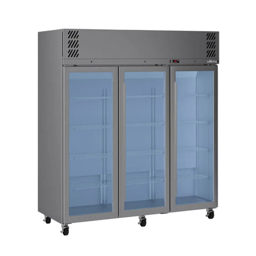 Commercial refrigerator with glass doors on a white background