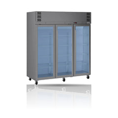 Williams Pearl - 3 door Stainless Steel Upright Display Refrigerator on a crisp white background with mirrored reflection