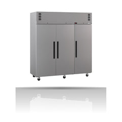 Williams Pearl - 3 door Stainless Steel Upright Storage Refrigerator on a crisp white background with mirrored reflection