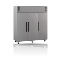 Williams Pearl - 3 door Stainless Steel Upright Storage Freezer on a crisp white background with mirrored reflection
