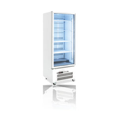Williams Quartz Star - One Door White Upright Display Refrigerator on a crisp white background with mirrored reflection