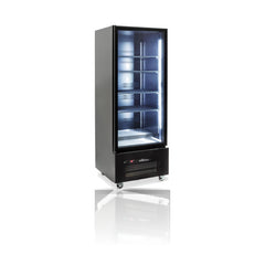 Williams Quartz Star - One Door Black Upright Display Refrigerator on a crisp white background with mirrored reflection