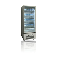 Williams Quartz Star - One Door Stainless Steel Upright Display Refrigerator on a crisp white background with mirrored reflection