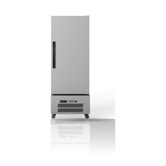 Williams Quartz Star - One Door Stainless Steel Upright Storage Refrigerator on a crisp white background with mirrored reflection