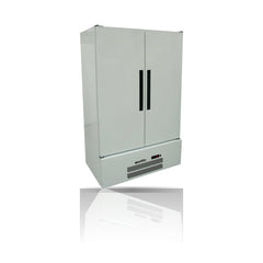 Williams Quartz Star - 2 door White Upright Storage Refrigerator on a crisp white background with mirrored reflection