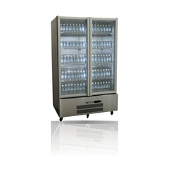 Williams Quartz Star - 2 door Stainless Steel Upright Display Refrigerator on a crisp white background with mirrored reflection