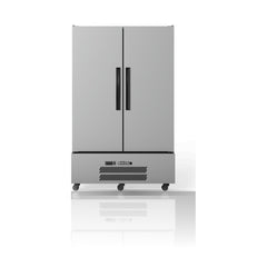 Williams Quartz Star - 2 door Stainless Steel Upright Storage Refrigerator on a crisp white background with mirrored reflection