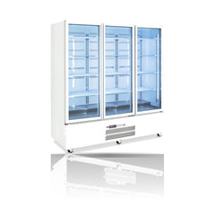 Williams Quartz Star - 3 door White Upright Display Refrigerator on a crisp white background with mirrored reflection