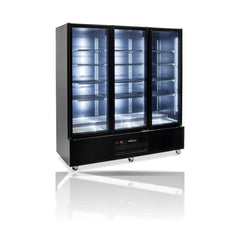 Williams Quartz Star - 3 door Black Upright Display Refrigerator on a crisp white background with mirrored reflection