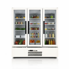 Williams Quartz Star - 3 door White Upright Storage Refrigerator on a crisp white background with mirrored reflection
