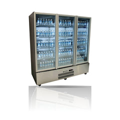 Williams Quartz Star - 3 door Stainless Steel Upright Display Refrigerator on a crisp white background with mirrored reflection