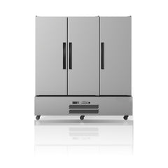 Williams Quartz Star - 3 door Stainless Steel Upright Storage Refrigerator on a crisp white background with mirrored reflection