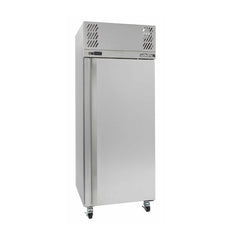 Stainless steel commercial freezer on a white background